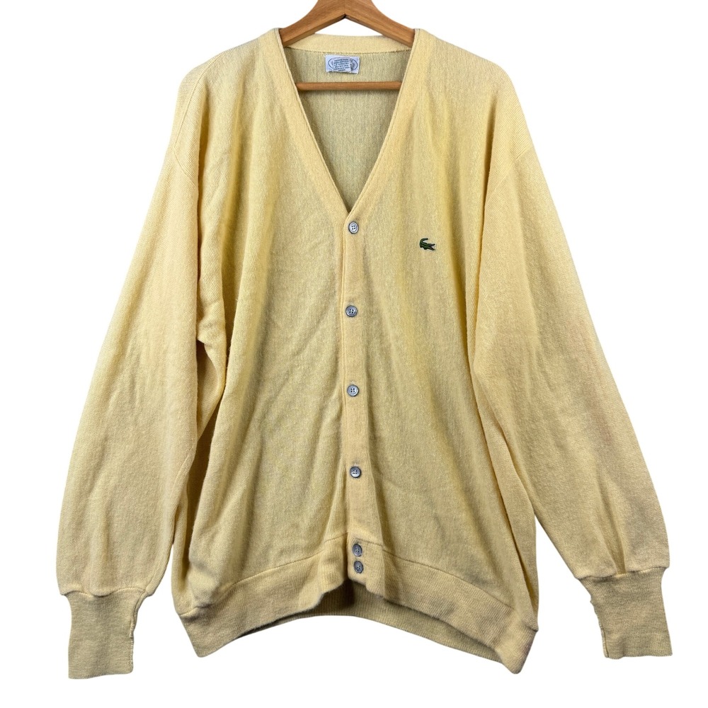 Vintage Izod Lacoste Mens Size XL Yellow Orlon Acrylic V-Neck Cardigan Sweater